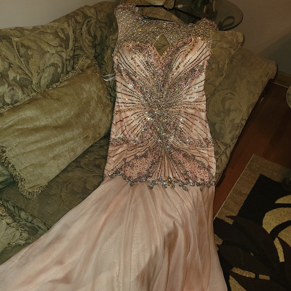 Jovani long light Pink bedazzled Gown. Satin